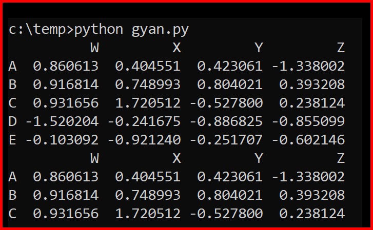 Picture showing the conditional selection on columns of the dataframe in pandas